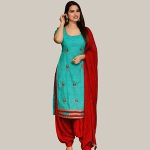 Indian/ Desi/Bollywood/Pakistani Teal Red Embroidered Dress Size L Three piece